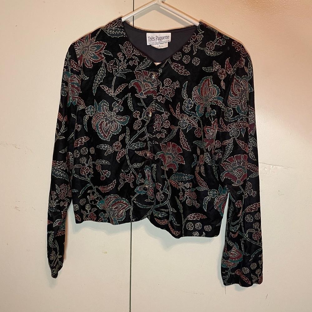 Tres Paquette Formal Jacket Womens Large Black Floral Embossed Red Green VTG